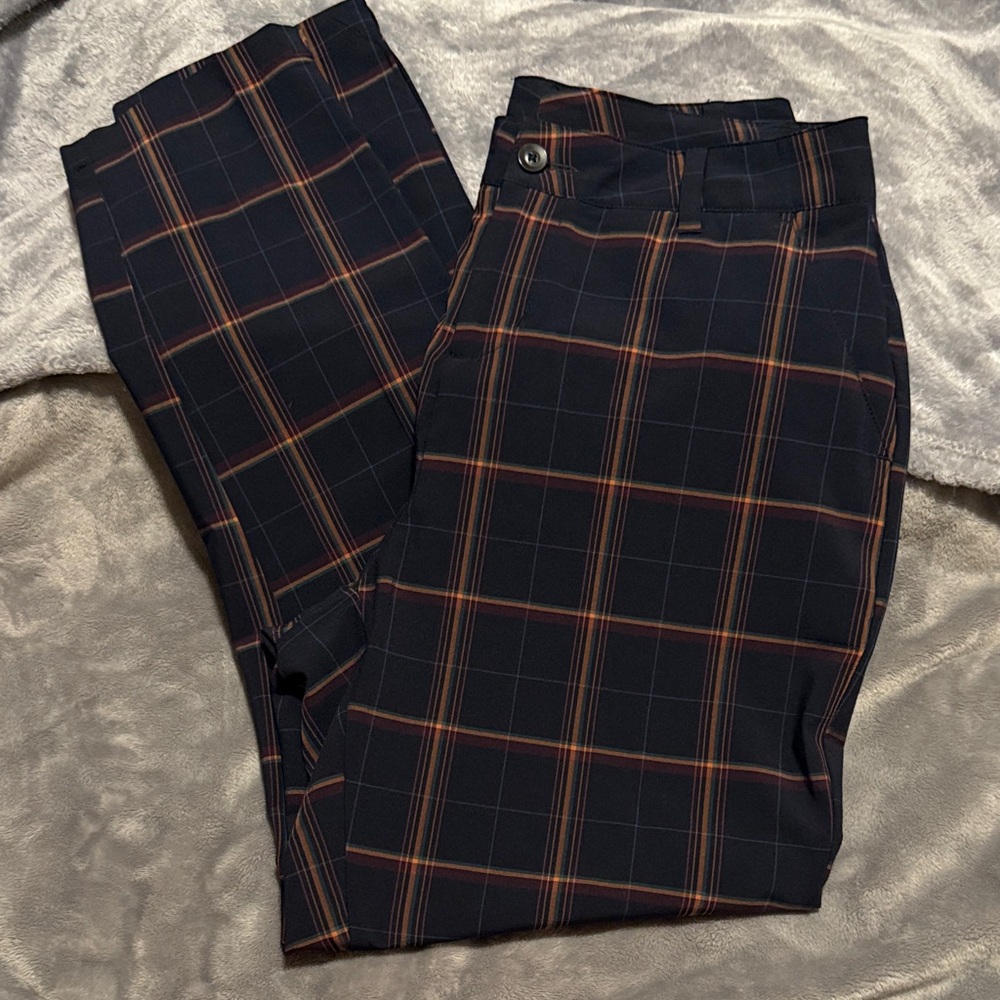 Women's Navy Plaid Trousers with Rust Windowpane